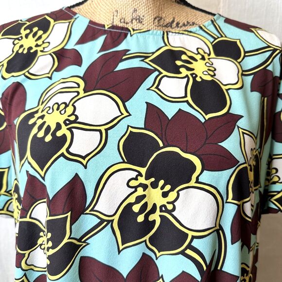 P.A.R.O.S.H. Women Blue Brown Floral Silk Crew Neck Short Sleeve Blouse Top Sz L - Picture 4 of 14